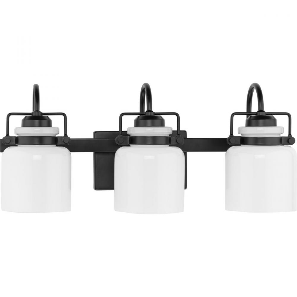 Fessler Collection Three-Light Matte Black Opal Glass Farmhouse Bath Light