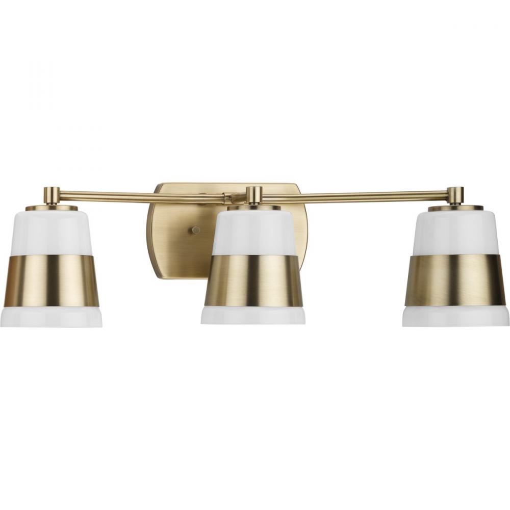 Haven Collection Three-Light Vintage Brass Opal Glass Luxe Industrial Bath Light