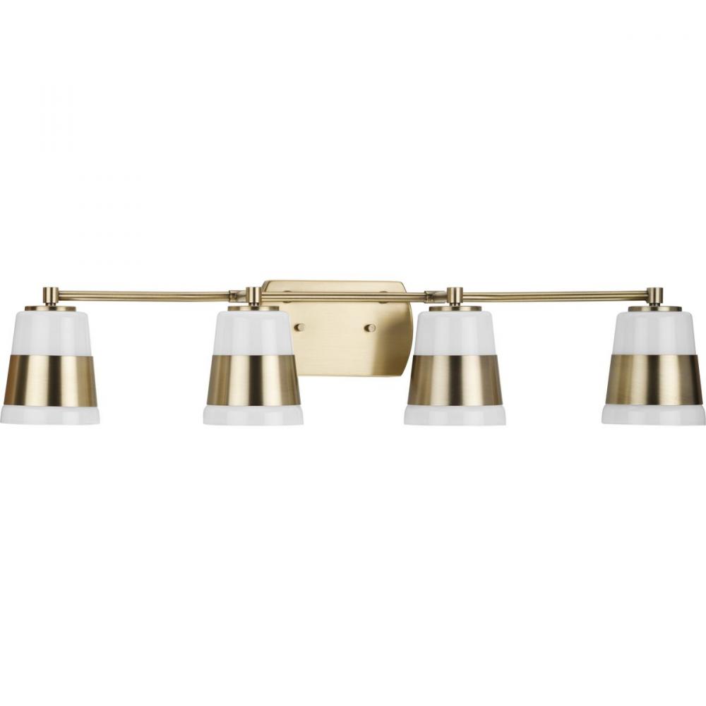 Haven Collection Four-Light Vintage Brass Opal Glass Luxe Industrial Bath Light