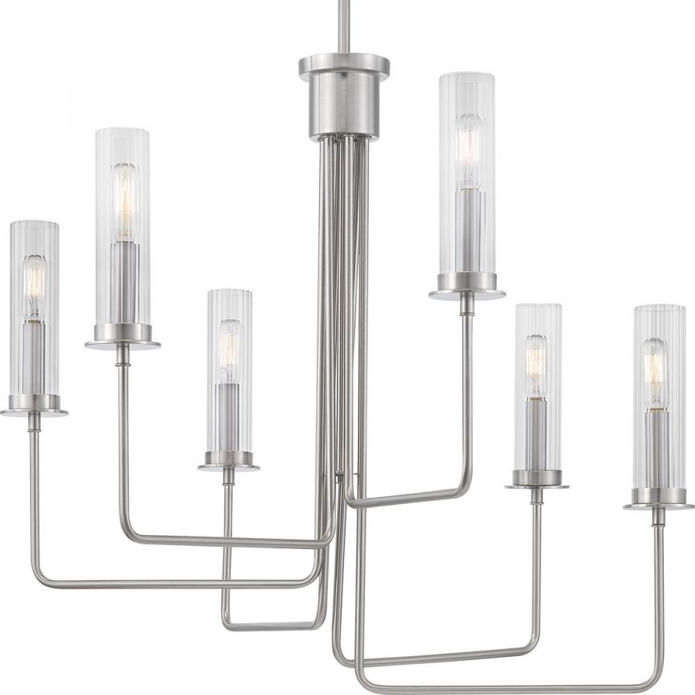 Rainey Collection Six-Light Brushed Nickel Clear Fluted Ribbed Glass Modern Chandelier Light