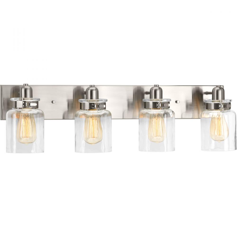 Calhoun Collection Four-Light Brushed Nickel Clear Glass Farmhouse Bath Vanity Light