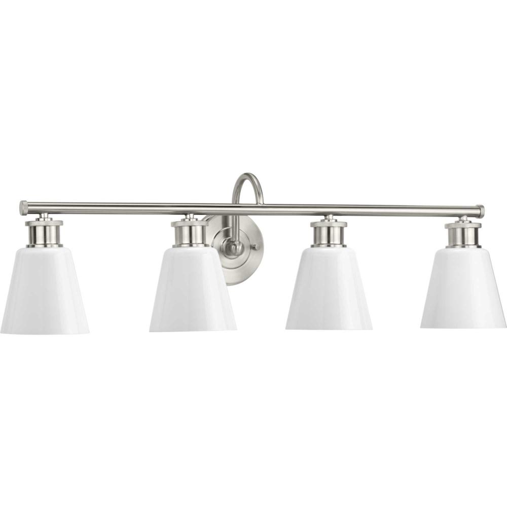 Ashford Collection Four-Light Brushed Nickel and Opal Glass Farmhouse Style Bath Vanity Wall Light