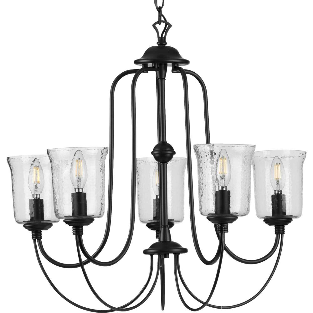 Bowman Collection Five-Light Matte Black Clear Chiseled Glass Coastal Chandelier Light