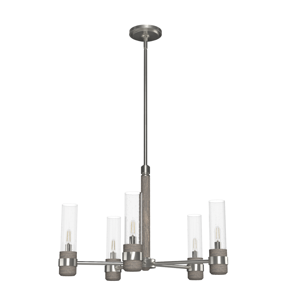 Hunter River Mill Brushed Nickel and Gray Wood with Seeded Glass 5 Light Chandelier Ceiling Light Fi